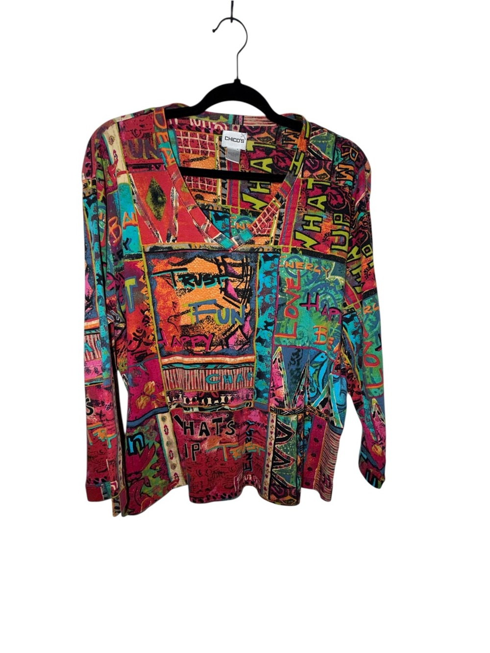 Chico's V-Neck Graphic Patchwork Sweater in Teal, Pink & Orange